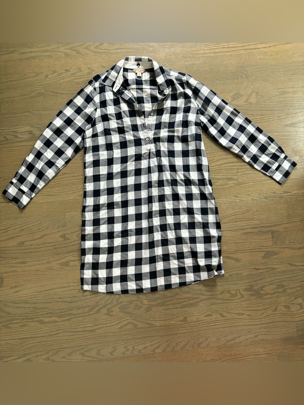 Brooks Brothers black white plaid gingham checked long-sleeve shirt dress 12